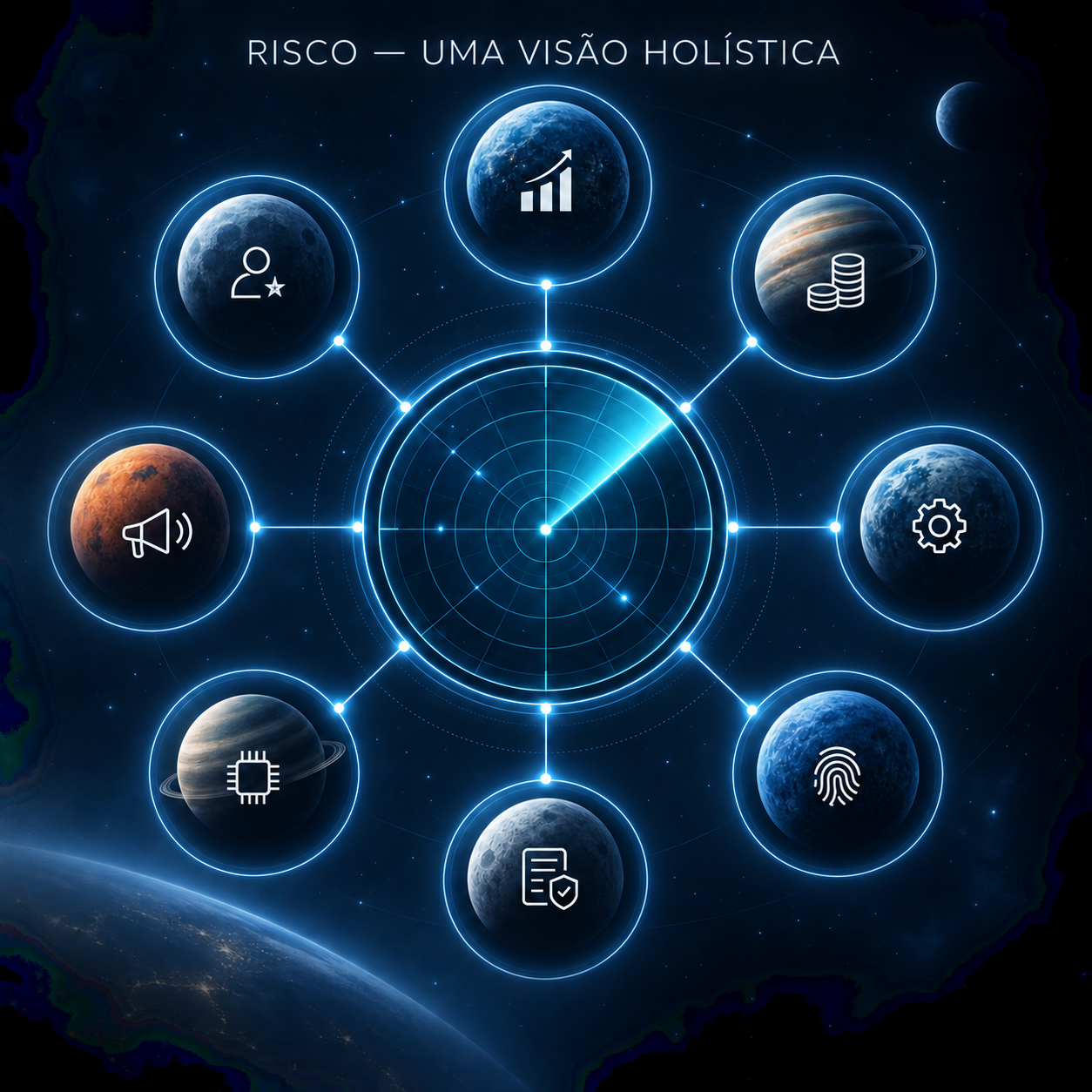 Risco — uma visão holística. Radar central conectado a estratégia, financeiro, operacional, fraude, compliance, tecnologia, reputação e experiência do cliente.